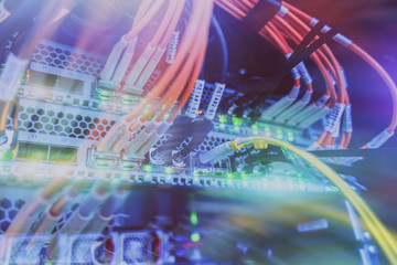 Fiber Optical connector interface. Information Technology Computer Network, Telecommunication Ethernet Cables Connected to Internet Switch.