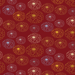 Hand drawn floral vector pattern in red, yellow, blue and gray color palette