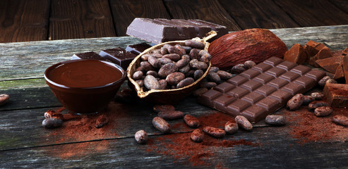 Melting chocolate or melted chocolate and chocolate swirl. stack and powder