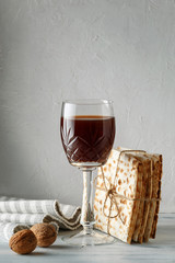 Jewish Matzah bread with wine for Passover holiday