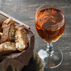 Italian cantucci biscuits and a glass of wine