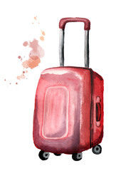 The big red suitcase on wheels with extendable handle, isolated on white background. Watercolor hand drawn illustration