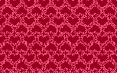 Seamless background with pink hearts on a red background.