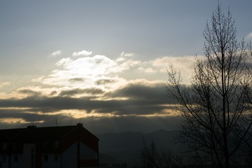 Sunrise and sunset over the buildings in the Zilina city. Slovakia