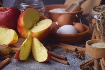 A set of organic products and spices for a healthy diet. Vitamins. Apples close-up. Proper nutrition.