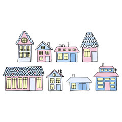 Fototapeta premium Houses on a street. Illustration of a city landscape with townho