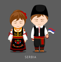 Serbs in national dress with a flag. Man and woman in traditional costume. Travel to Serbia. People. Vector flat illustration.