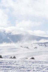 snow winter mountain landscape of fields with hills