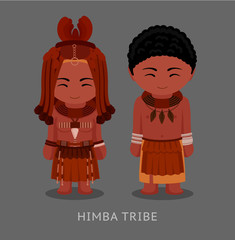 Himba people in traditional costume. Man and woman, boy and girl. Cute cartoon characters. Vector flat illustration.