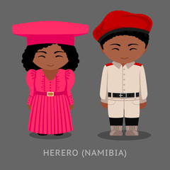 Herero people in national clothes. Man and woman in traditional costume. Cute cartoon characters. Travel to Namibia. Vector flat illustration.