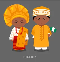 Fototapeten Nigerians in national clothes with a flag. Man and woman in traditional costume. Travel to Nigeria. People. Vector flat illustration. © Anastasia