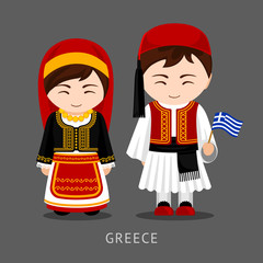 Greeks in national dress with a flag. Man and woman in traditional costume. Travel to Greece. People. Vector flat illustration.