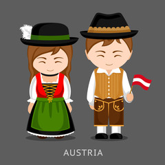 Austrians in national dress with a flag. Man and woman in traditional costume. Travel to Austria. People. Vector flat illustration.