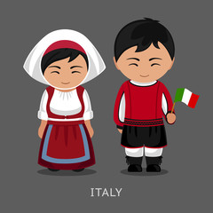 Italians in national dress with a flag. Man and woman in traditional costume. Travel to Italy. People. Vector flat illustration.