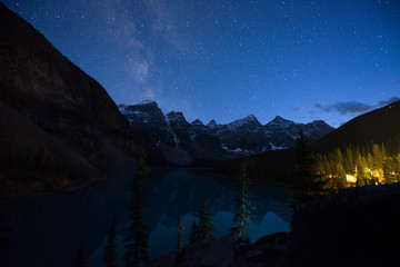 Milky way rising over Iconic Moraine Lake, Banff, Alberta, Canada