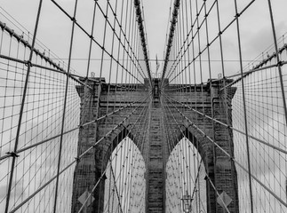 close up view of Brooklyn Bridge in black and white color