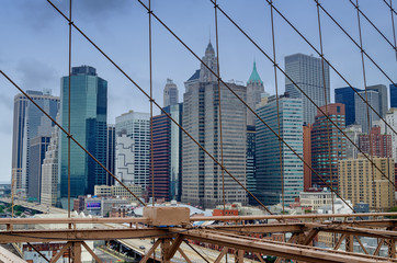 Skyline of NY buildings from the Brooklyn Bridge