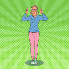 Pop Art Young Pretty Woman Crossed Fingers with Eyes Closed. Girl Making a Wish. Vector illustration