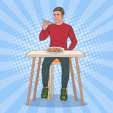 Pop Art Man Eating Soup with Disgusting Face. Tasteless Food. Vector illustration