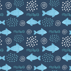 Seamless hand-drawn simple pattern in scandinavian design style on the dark blue background with fish, waves and shells. Vector illustration