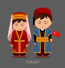Turks in national dress with a flag. Man and woman in traditional costume. Travel to Turkey. People. Vector flat illustration.