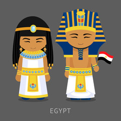 Egyptians in national dress with a flag. Man and woman in traditional costume. Travel to Egypt. People. Vector flat illustration.