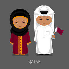 Travel to Qatar. People in national dress with a flag. Man and woman in traditional costume. Vector flat illustration.