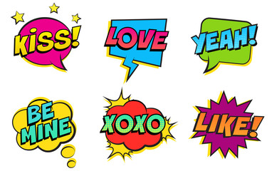 Retro colorful comic speech bubbles set for Valentine's Day. Isolated on white background. Expression text KISS, LOVE, YEAH, BE MINE, XOXO, LIKE. Vector illustration, pop art style.