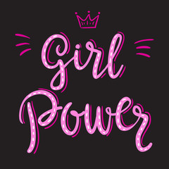Fototapeta premium Girl power slogan hand drawn pink lettering with crown on black background. Vector illustration for t shirt, poster etc