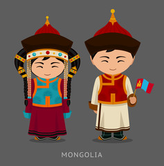 Mongols in national dress with a flag. Man and woman in traditional costume. Travel to Mongolia. People. Vector flat illustration.