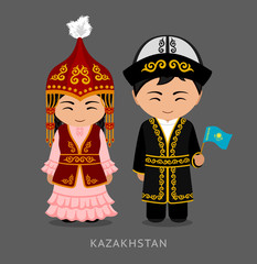 Kazakhs in national dress with a flag. Man and woman in traditional costume. Travel to Kazakhstan. People. Vector flat illustration.