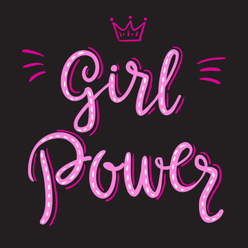 Girl power slogan hand drawn pink lettering with crown on black background. Vector illustration for t shirt, poster etc