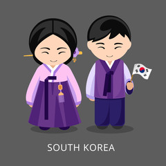Koreans in national dress with a flag. Man and woman in traditional costume. Travel to South Korea. People. Vector flat illustration.