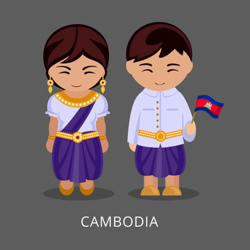 Cambodians in national dress with a flag. Man and woman in traditional costume. Travel to Cambodia. People. Vector flat illustration.