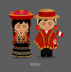 Peruvian in national dress. Man and woman in traditional costume. Travel to Peru. People. Vector flat illustration.