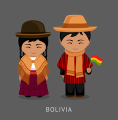 Bolivians in national dress with a flag. Man and woman in traditional costume. Travel to Bolivia. People. Vector flat illustration.
