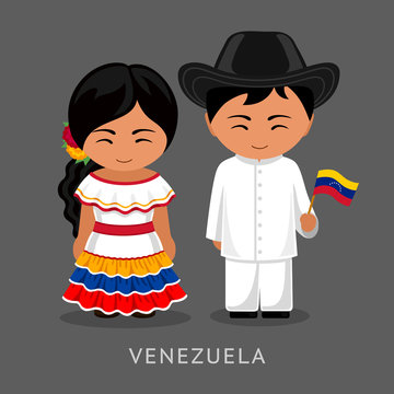 Venezuelans in national dress with a flag. Man and woman in traditional  costume. Travel to Venezuela. People. Vector flat illustration. Stock  Vector | Adobe Stock