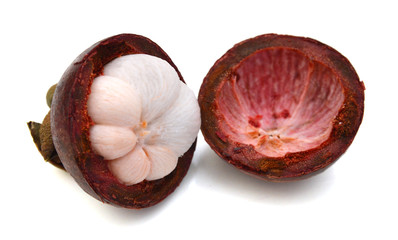 perspective of fresh mangosteen tropical fruit on white background