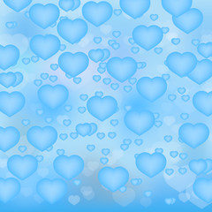 Light blue hearts 3d background. Valentine’s day shiny greeting card. Romantic vector illustration. Easy to edit design template.