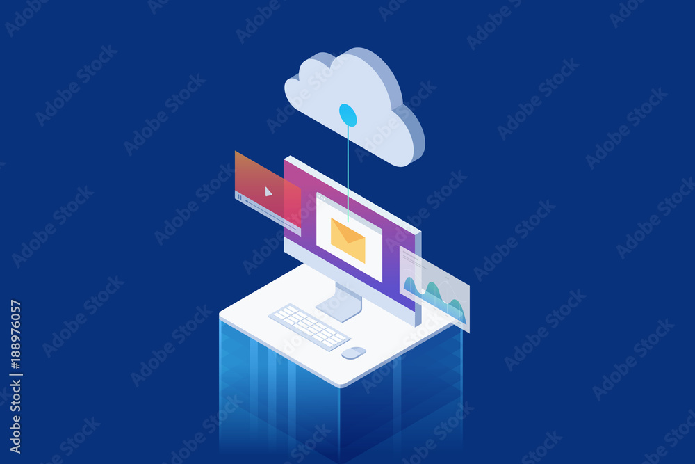 Poster isometric concept of lcd monitor with different applications: web chart, email, player. vector illus