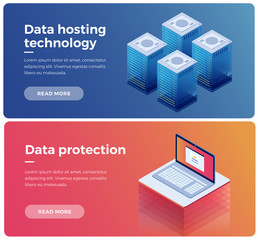 Internet equipment industry. Data transmission technology and data protection. Illustration of network telecommunication server. Protecting your personal information. 3d isometric flat design.