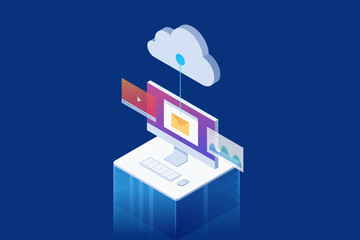 Isometric concept of Lcd monitor with different applications: web chart, email, player. Vector illustration.