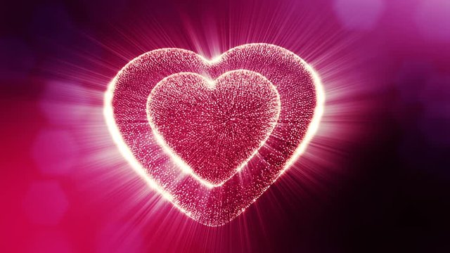 Looped 3d animation of glow particles form 3d red heart with depth of field and bokeh. For valentines day or wedding background as seamless background with space for text and light rays. V12