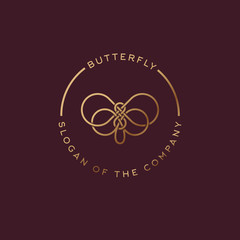 Butterfly logo. Beautiful decorative butterfly from intertwined lines. Golden logo for cosmetics, lingerie, jewelry store.