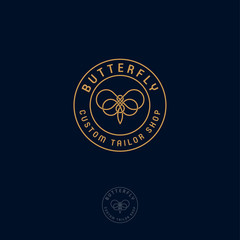 Butterfly logo. Beautiful decorative butterfly from intertwined lines. Tailor shop emblems. Sign or stamp.