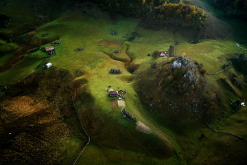 mountain landscape in autumn morning - Fundatura Ponorului, Romania - aerial view