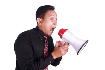 Fototapeta premium Young Man Shouting with Megaphone, Promotion Concept