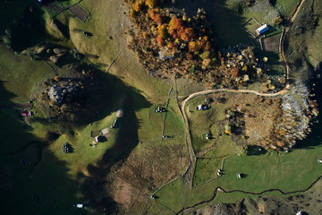 mountain landscape in autumn morning - Fundatura Ponorului, Romania - aerial view