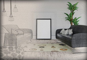 3D blank picture leaning against a wall in a room interior with half in sketch phase