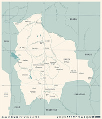 Fototapeta na wymiar Bolivia Map - Vintage Detailed Vector Illustration